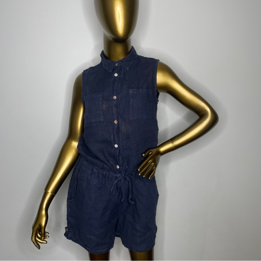 Marisa & Marie Romper Womens Small Blue Linen Half Button Coastal Vacation Beach